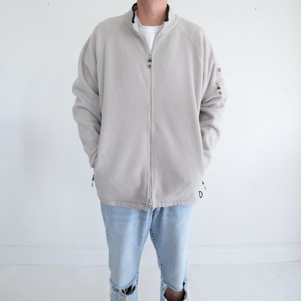 Vintage 90S Nevada Zip Up Arm Zipper Pocket Soft Fleece Taupe Sweater Medium